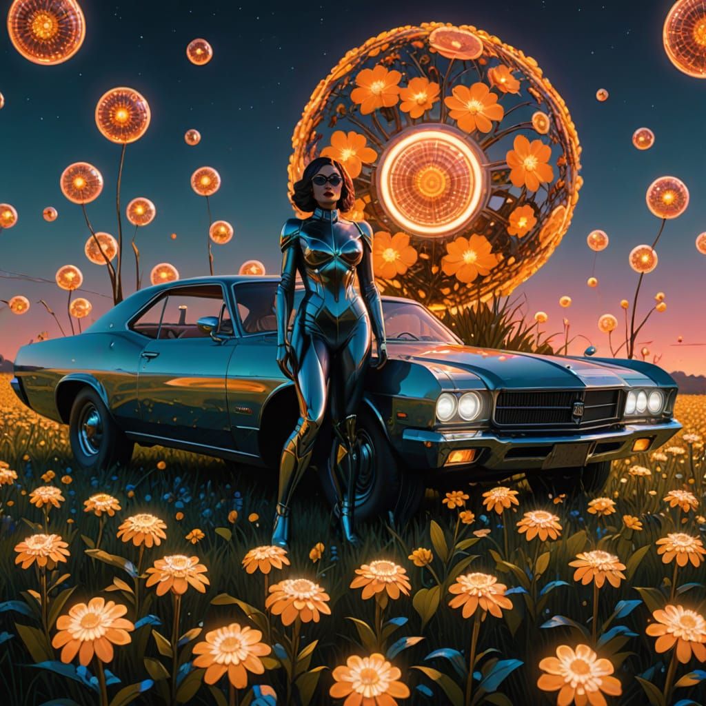 Chrome Superheroine in Glowing Flower Field, Art Deco