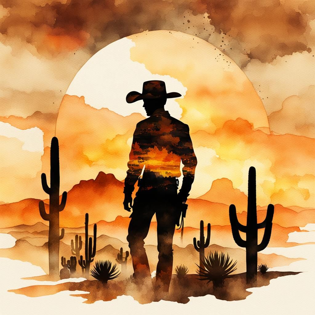 Sunset Cowboy Silhouette in Watercolour Style