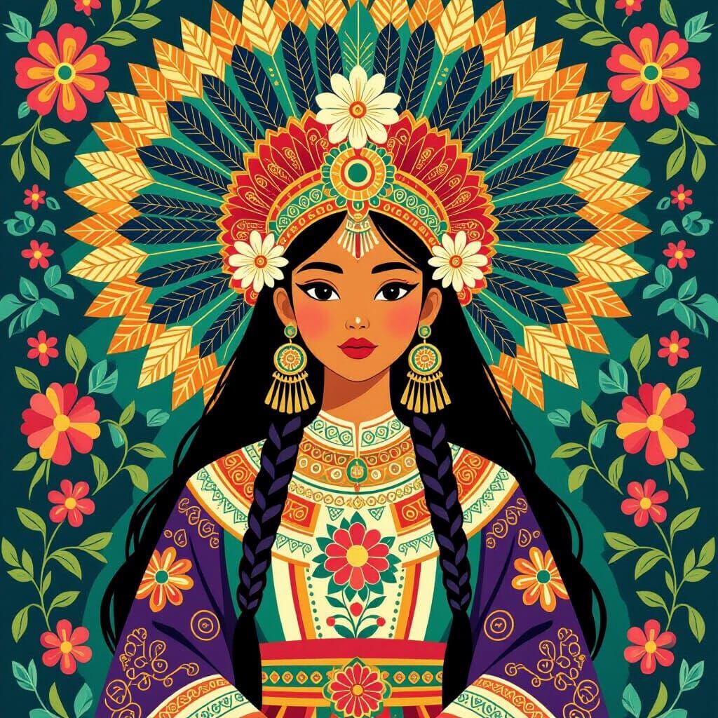 Aztec Warrior Princess in Cubist Floral Dreamscape