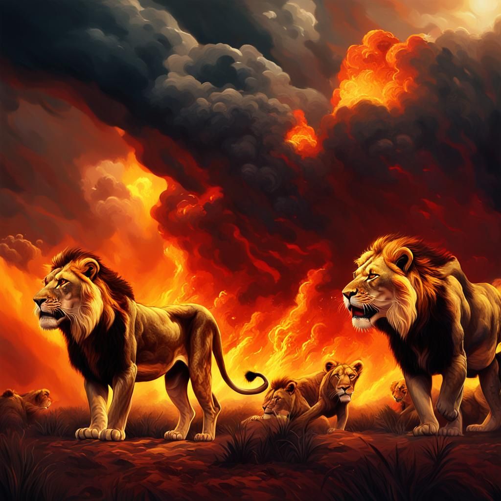 Dramatic Savannah Lions in Burning Storm, Oil Painting