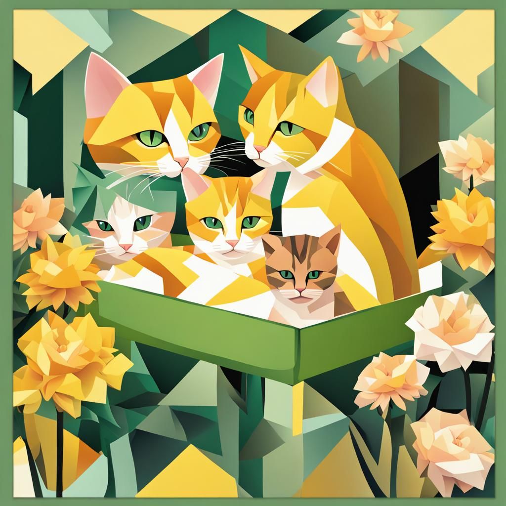 Yellow Tabby Cat and Kittens in Cubist Style