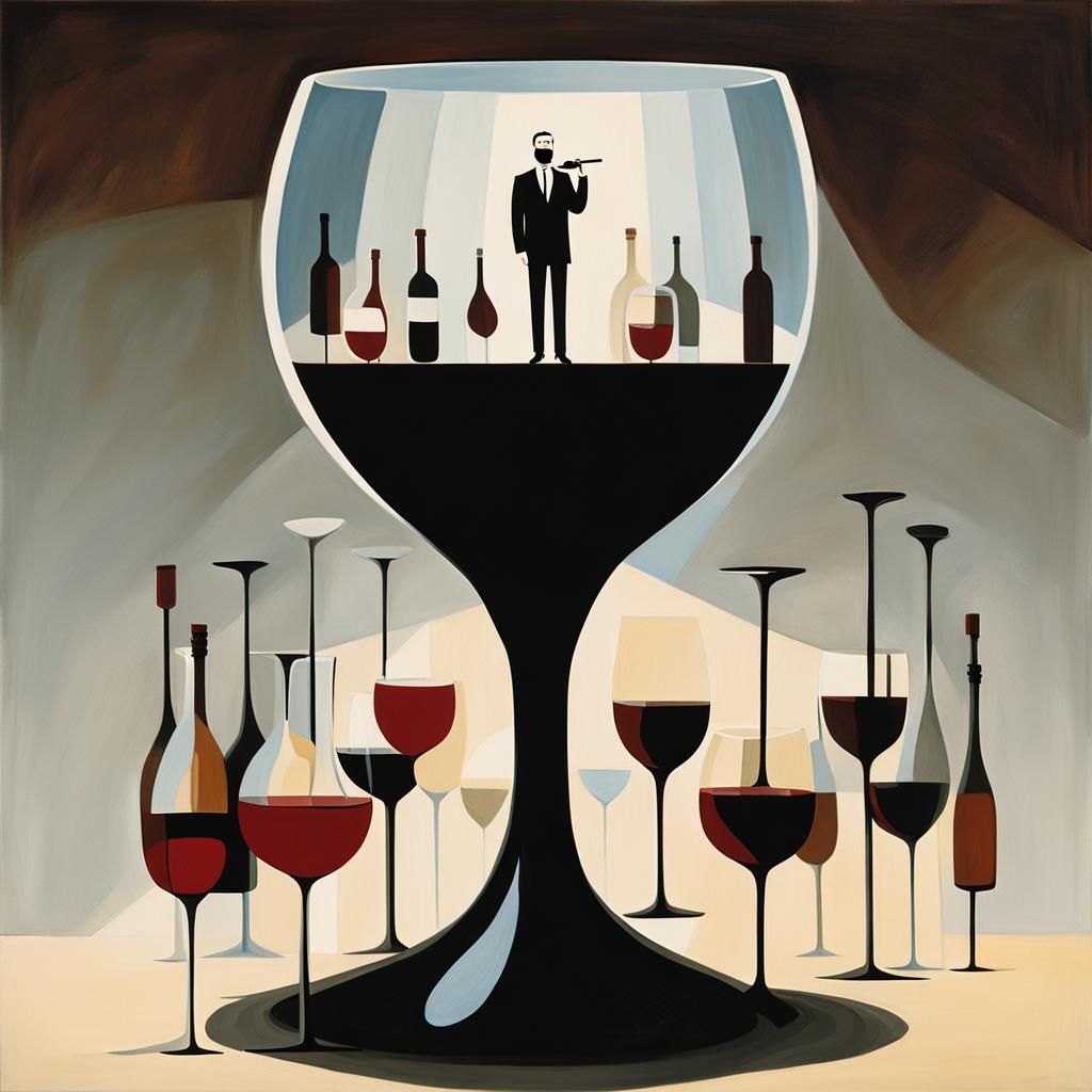 Miniature Guitarist in Wine Glass: Surrealist Painting