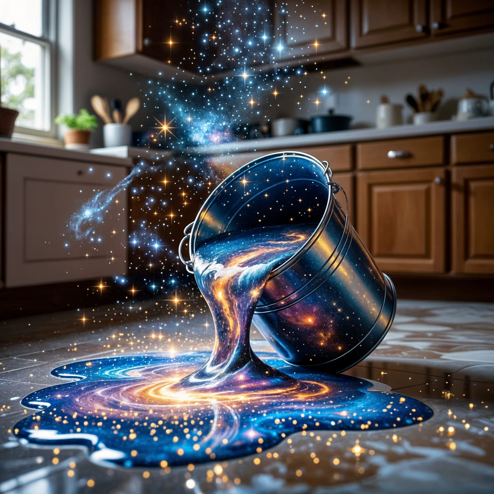 Cosmic Paint Spill: Stars Pouring from Bucket