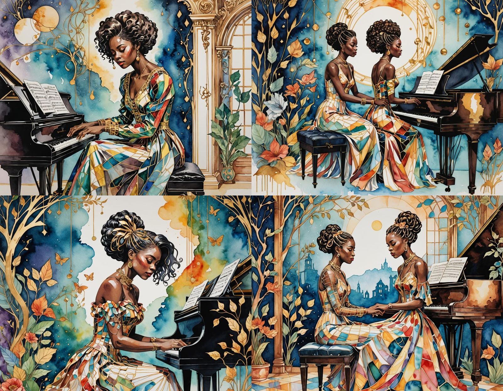 Melanin Woman at Piano in Metallic Line Art