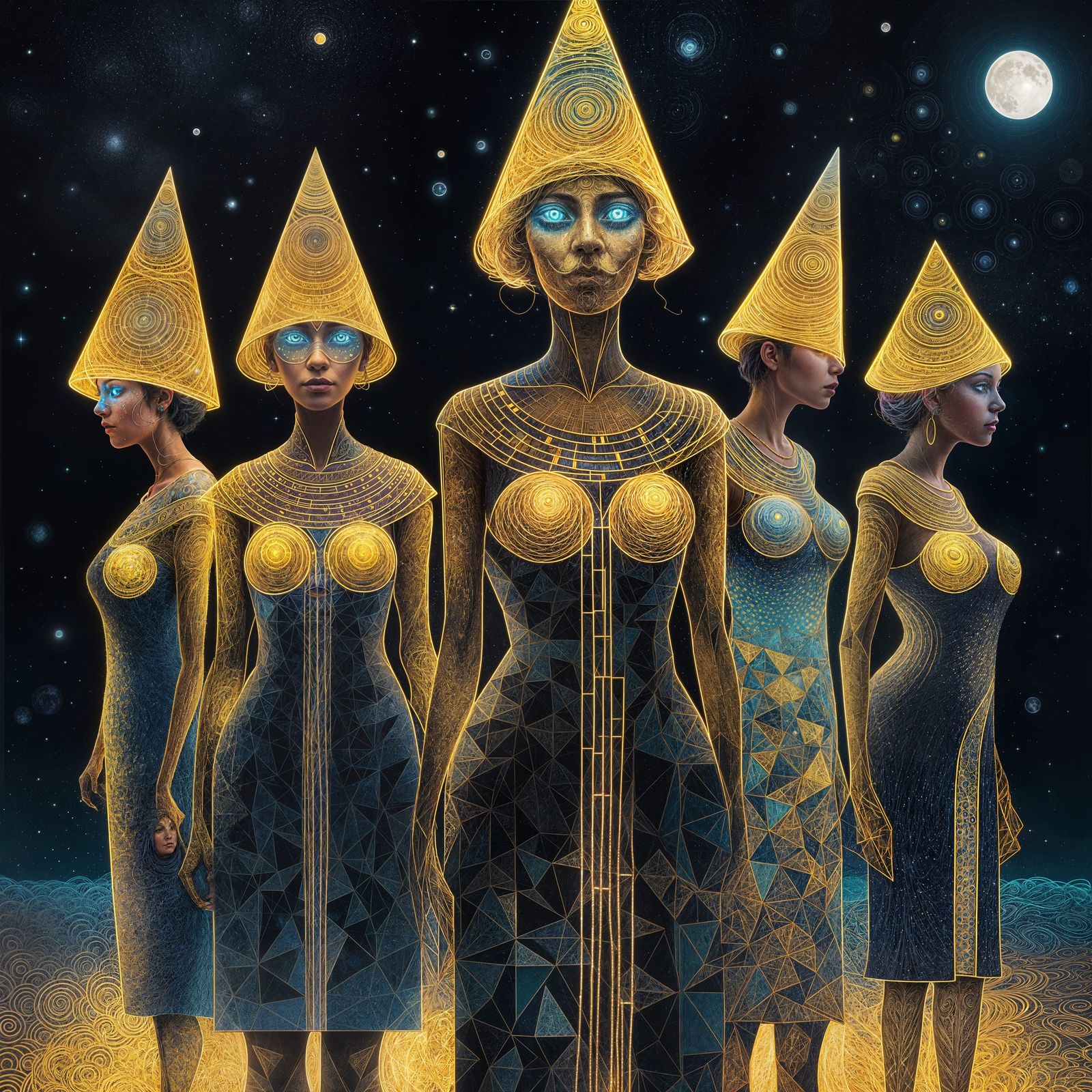 Luminescent Moonlit Elders in Geometric Futurism