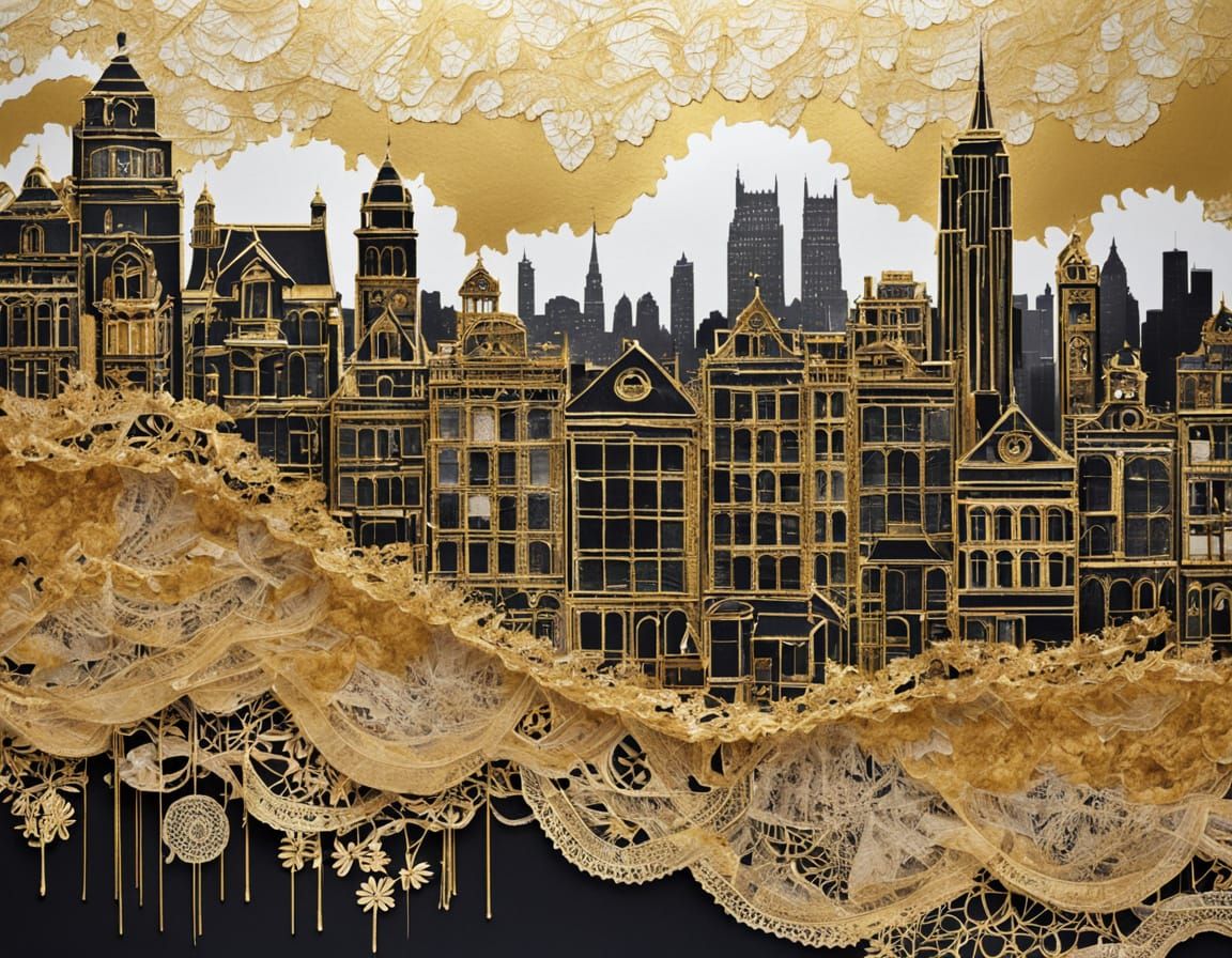 Multilayered Cityscape with Gold Lace Collage Art