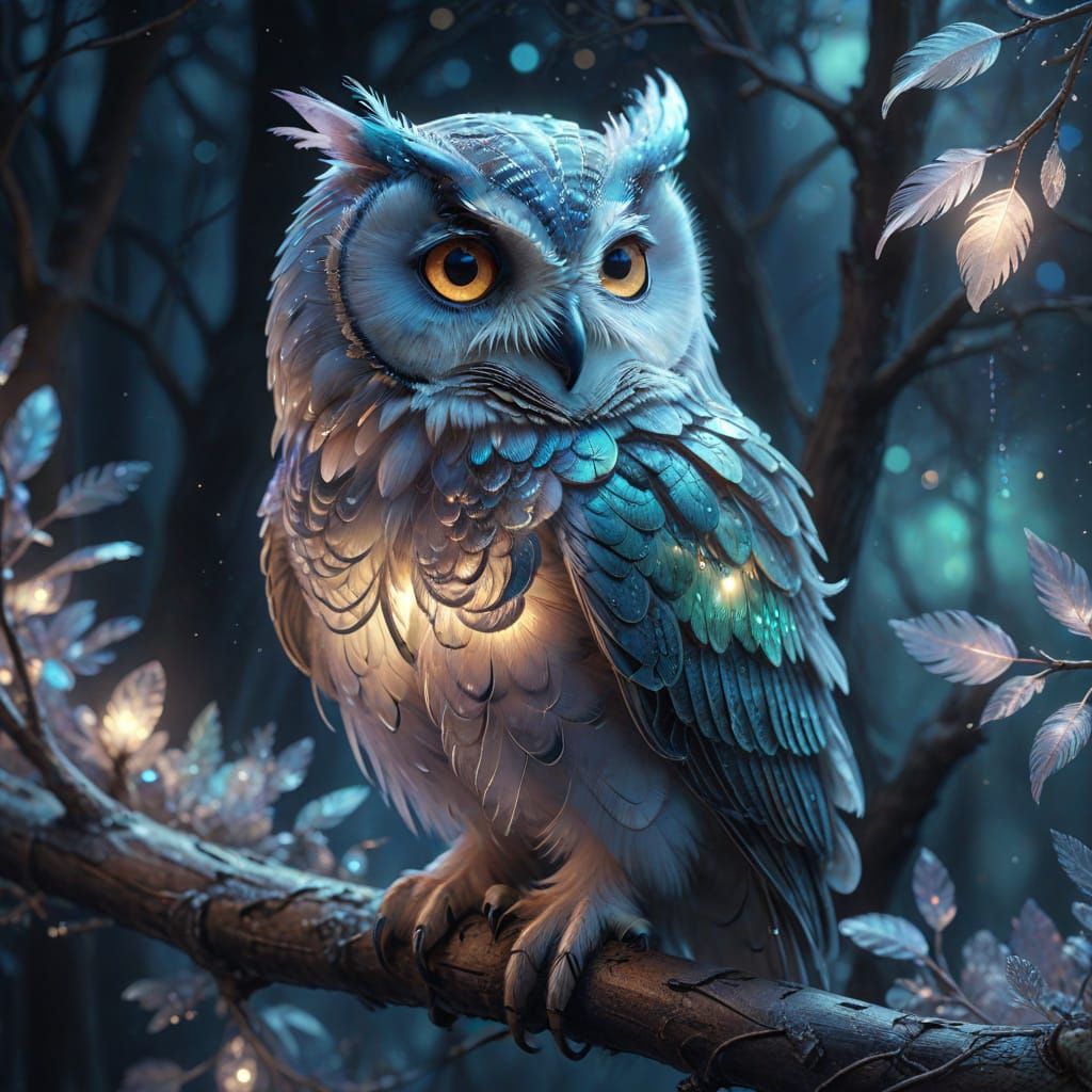 Opal Owl Portrait in Dreamy Fantasy Style