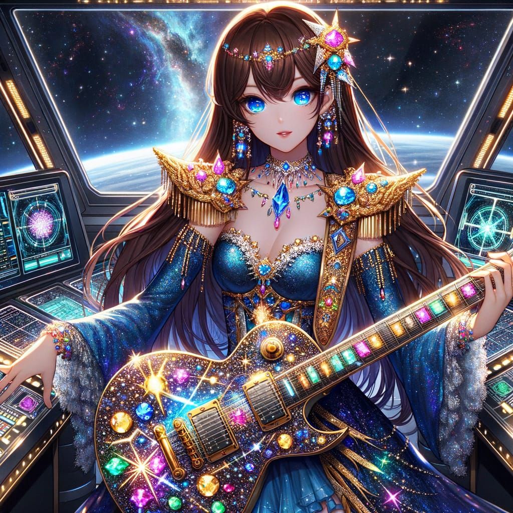 Anime Woman with Celestial Armor and Guitar