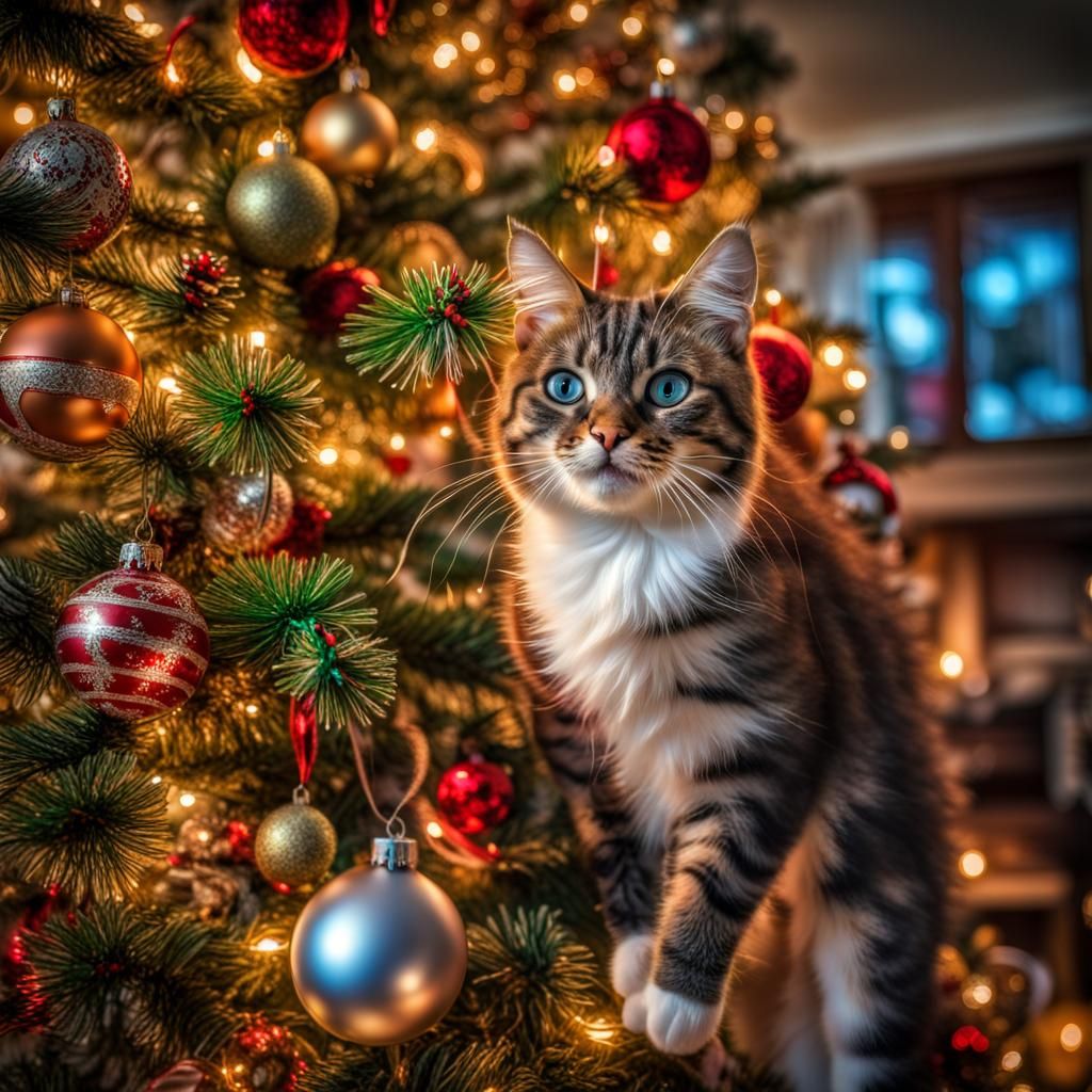 Cats Play With Christmas Ornaments, Hyperdetailed HDR Photo