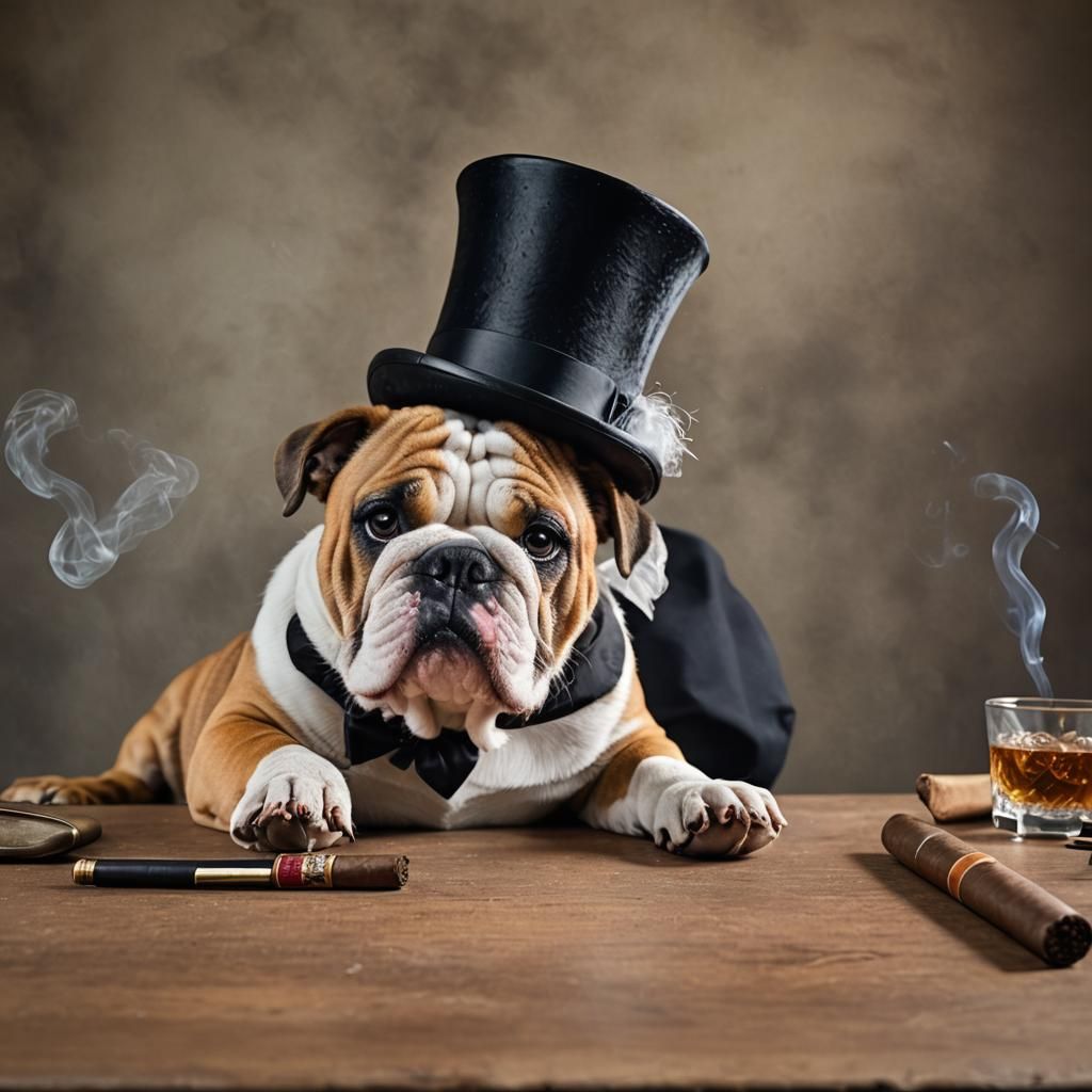 Bulldog Gentleman at Desk with Cigar Portrait