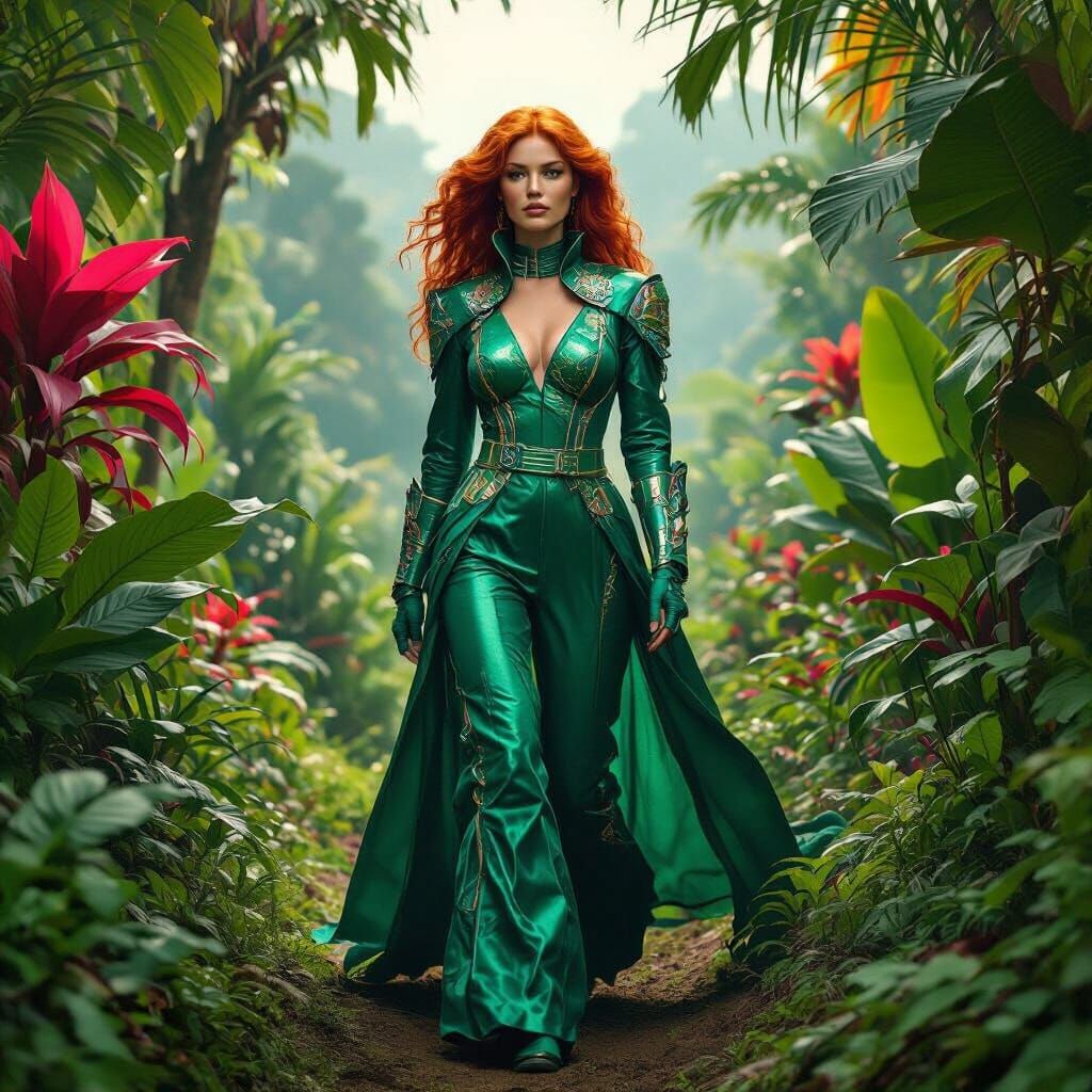 Redhead in Emerald Spacesuit Jungle Adventure