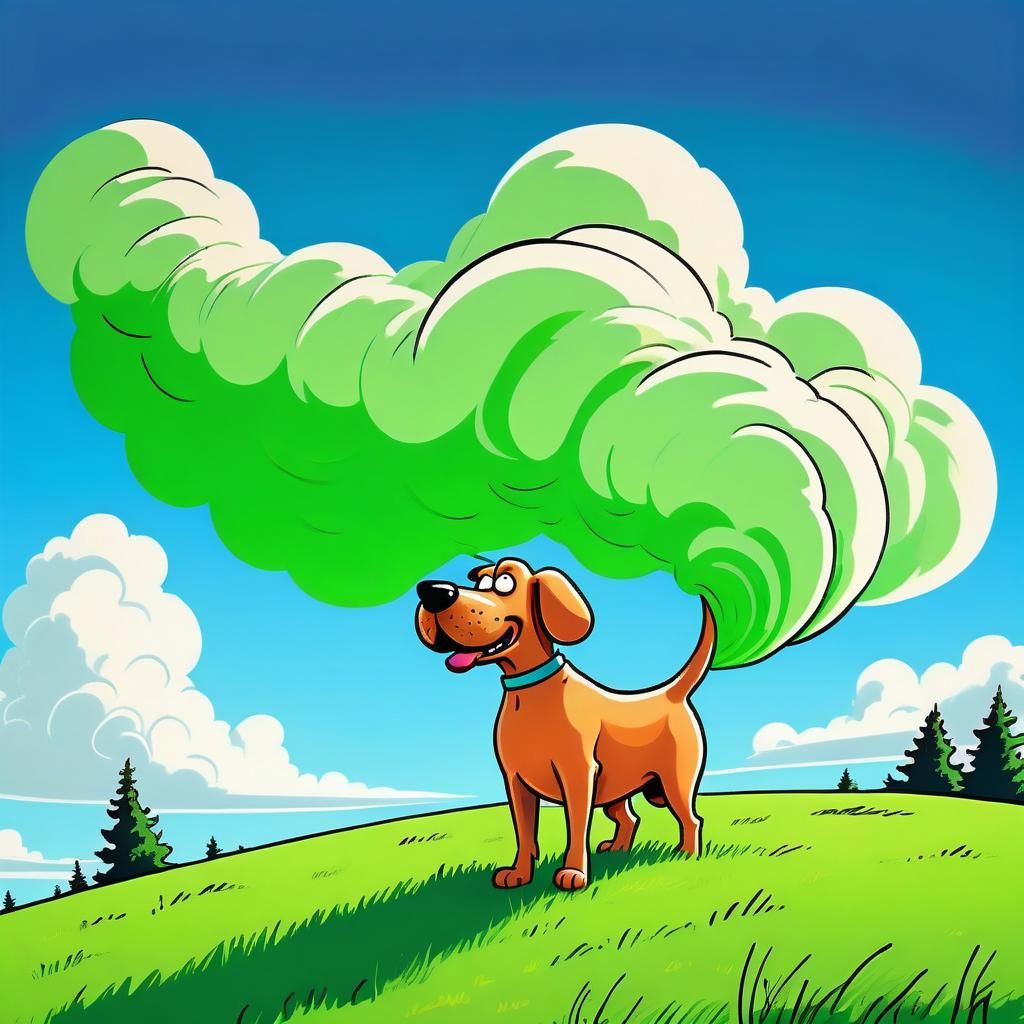 Whimsical Cartoon Dog Farting on a Hill