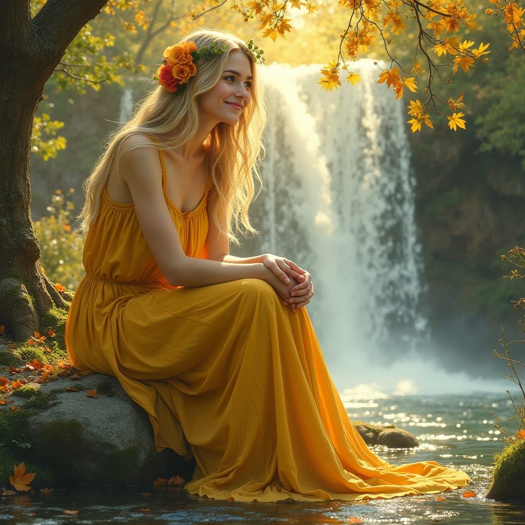 European Woman by Waterfall in Art Nouveau Style