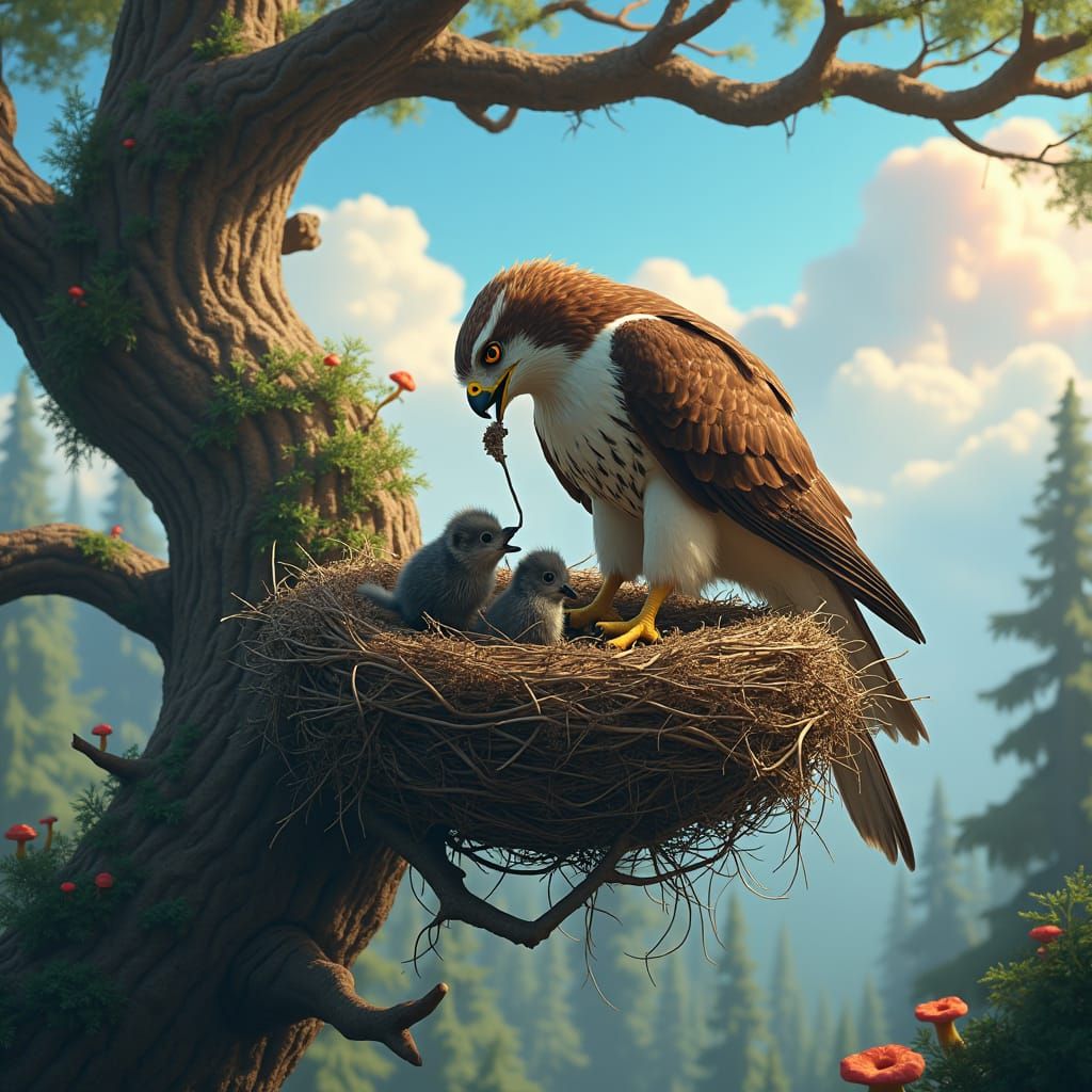 Swainson's Hawk Feeds Young in Ancient Forest