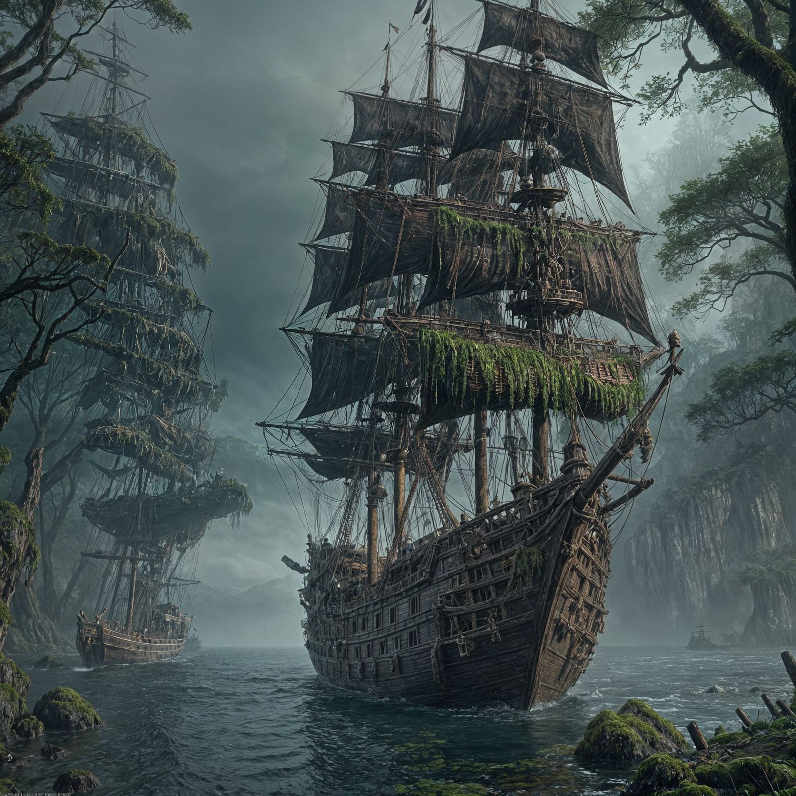 Moss-Covered Pirate Ship Drifting in Fog, 3D Render