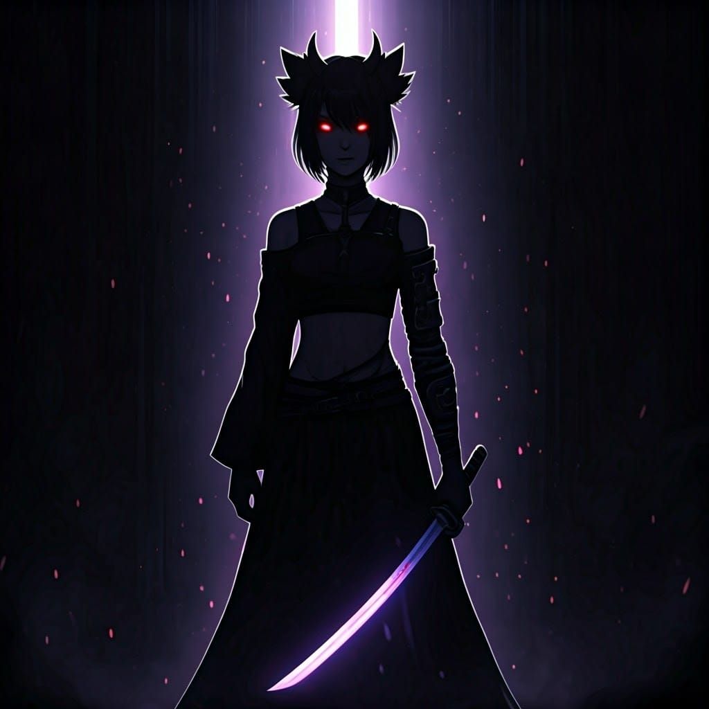 Gothic Mesugaki Devil Wields Sword in Dark, Eerie Landscape