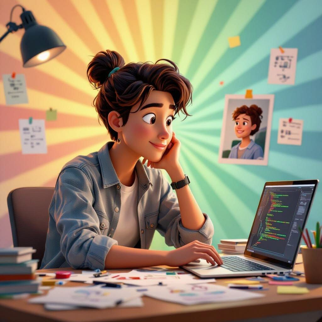 Inventor at Desk Gazing at Photo in Pixar Style