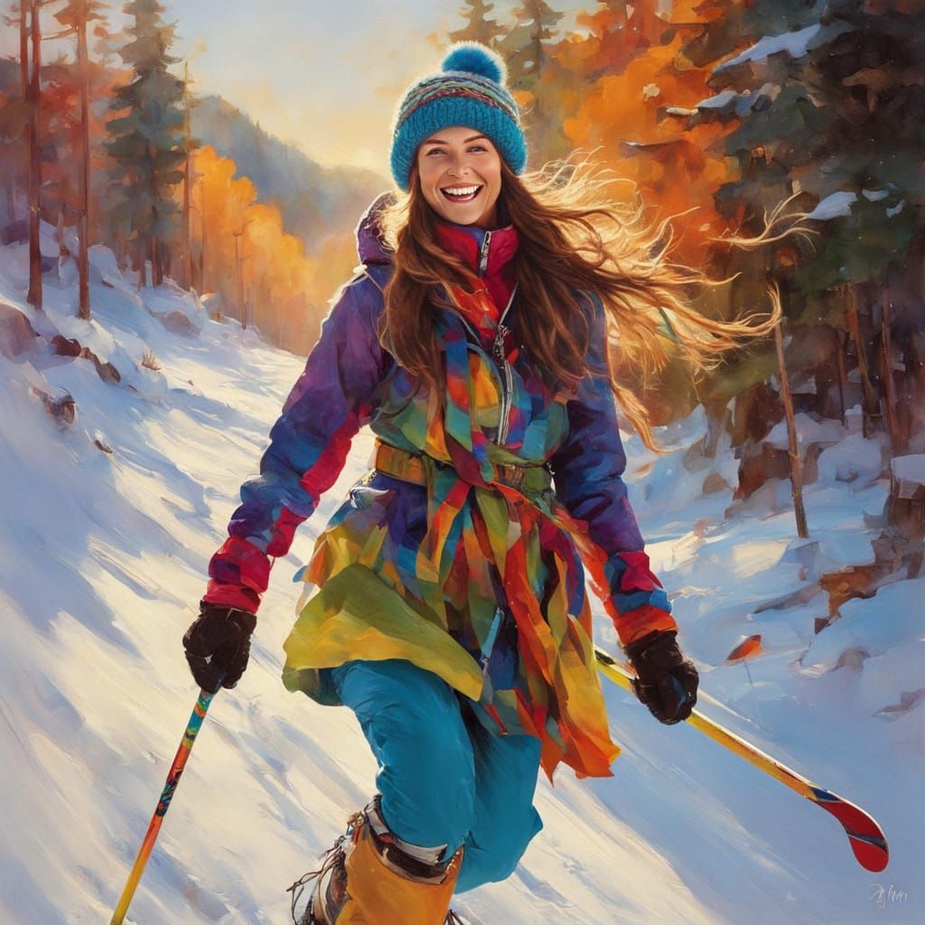 Joyful Hippie Skier Descends Snowy Slope at Sunset