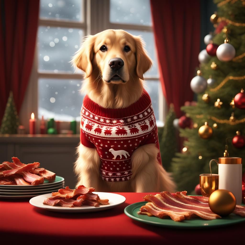 Golden Retriever in Christmas Sweater with Bacon
