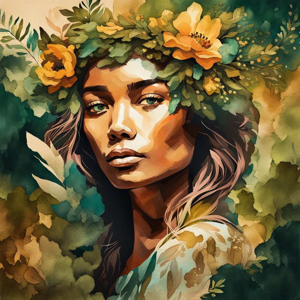 Floral Crown Portrait in Mixed Media Style