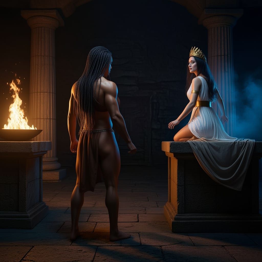 Muscular Warrior Consults Oracle in Ancient Temple