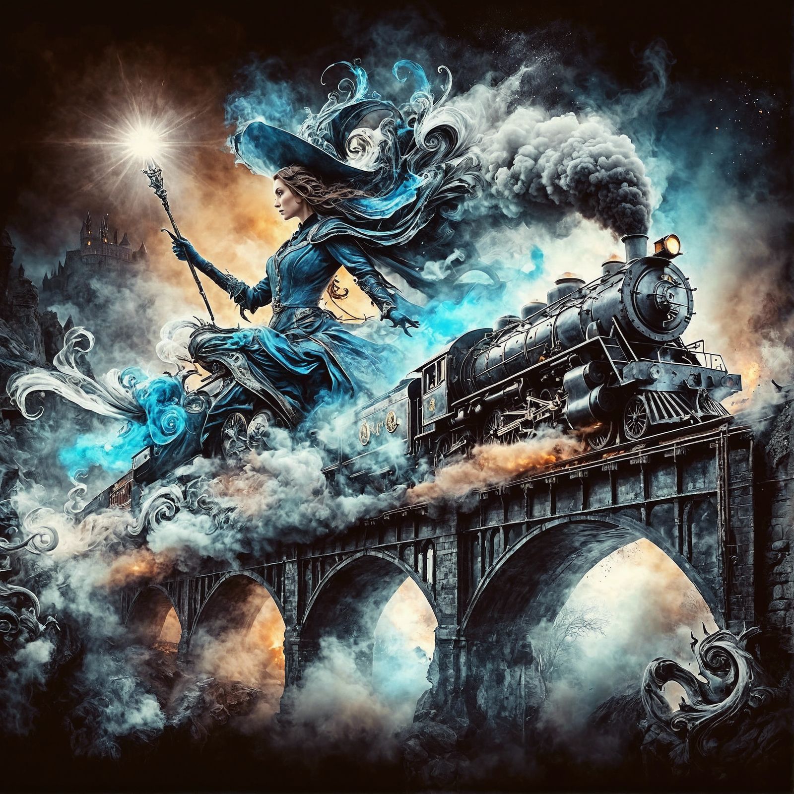 Magical Locomotive Crossing the Abyss as Graffiti Art