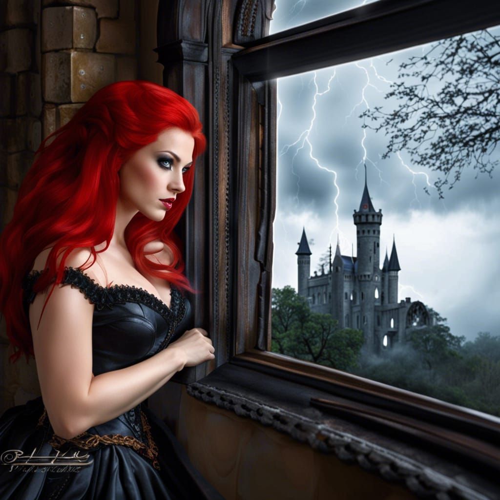 Redhead Vampire Watches Storm from Gothic Castle