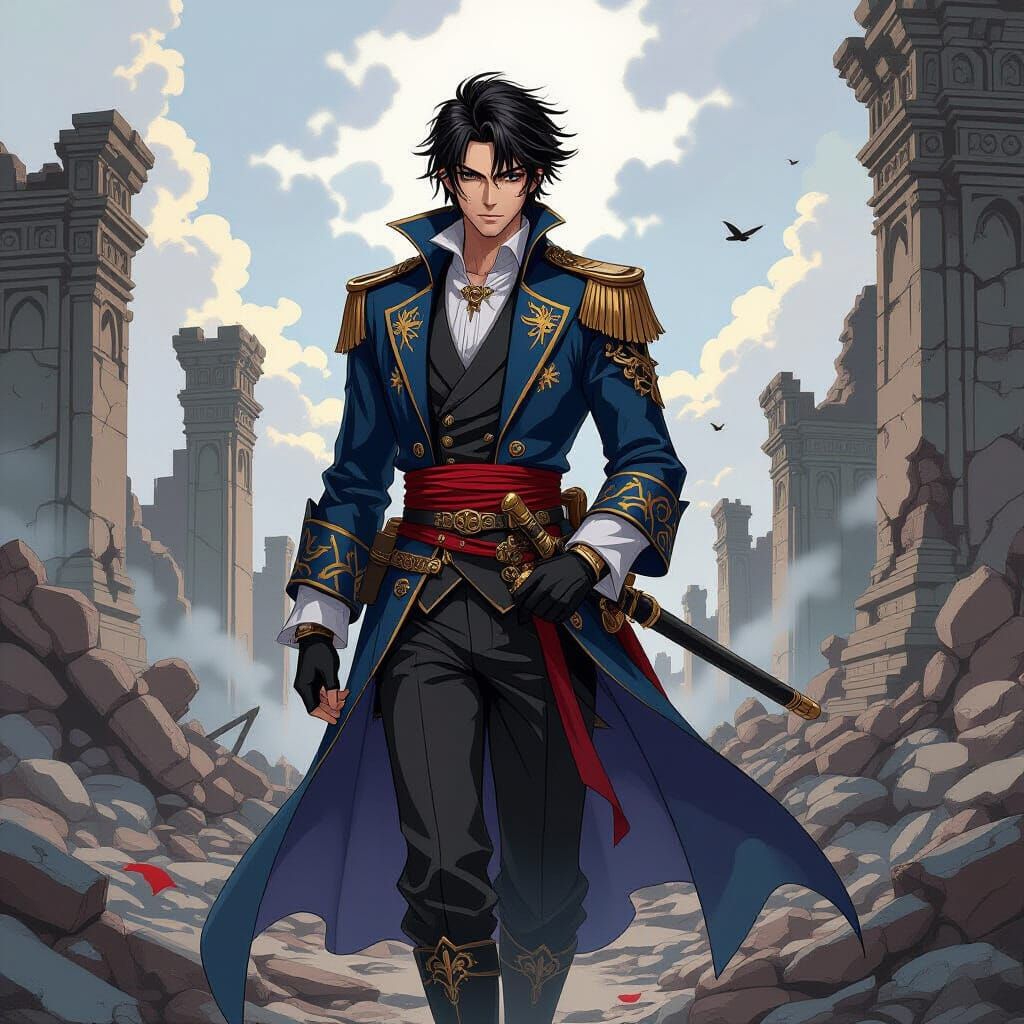 Anime-Style Exiled Prince in Ruined Kingdom