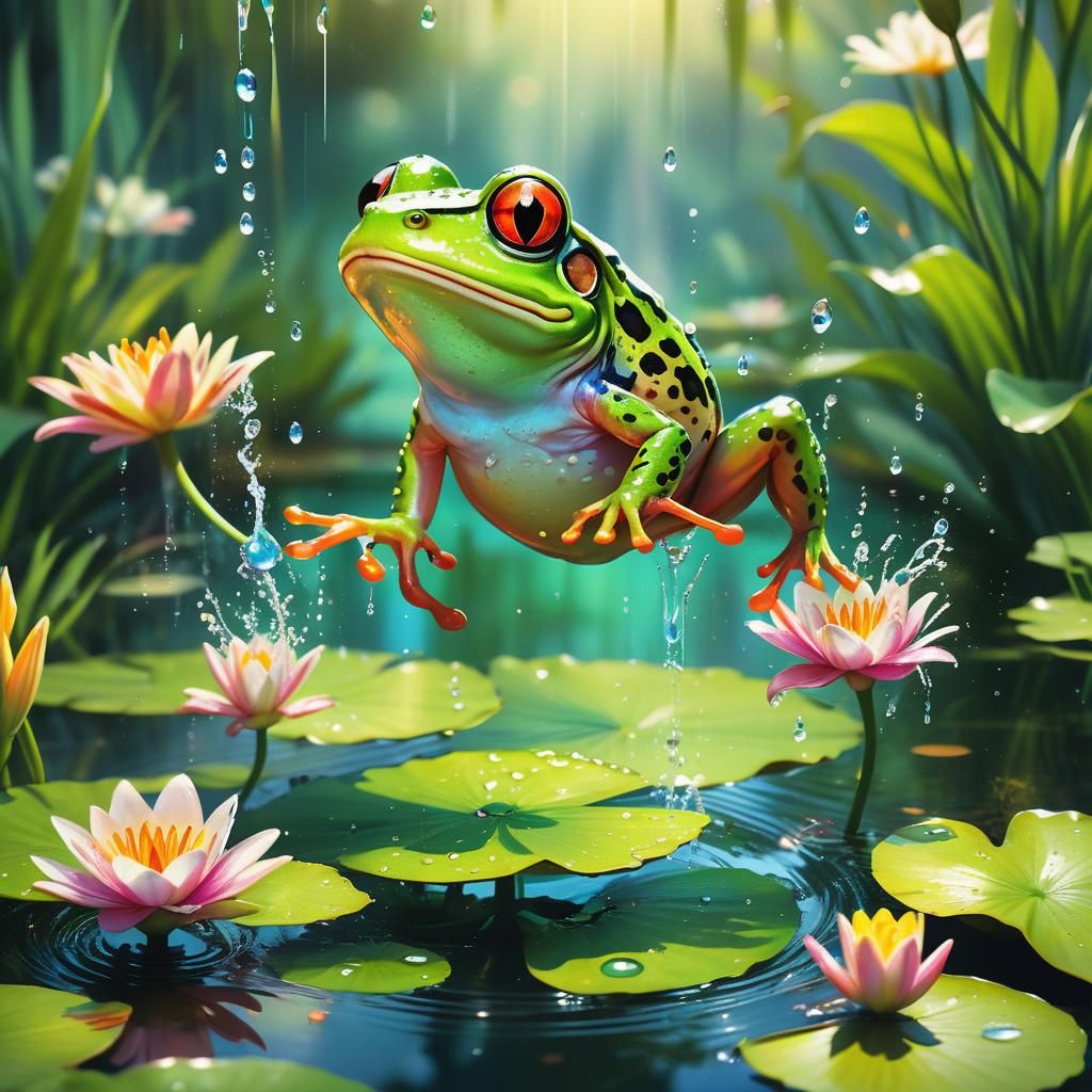 Frog and Grasshopper Leap in Prismatic Digital Art