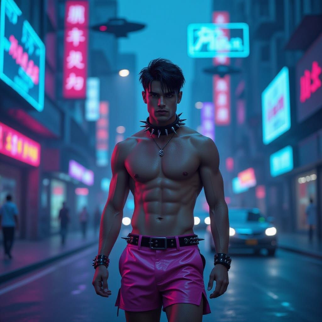 Cyberpunk Man in Pink Leather in Neon Cityscape