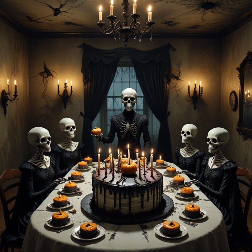 Surreal Haunted Birthday Party With Ghostly Figures