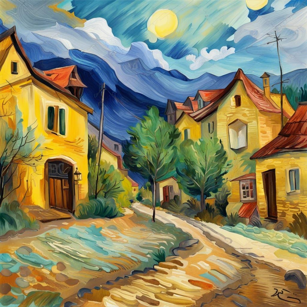 Impressionist Village as Gouache Painting
