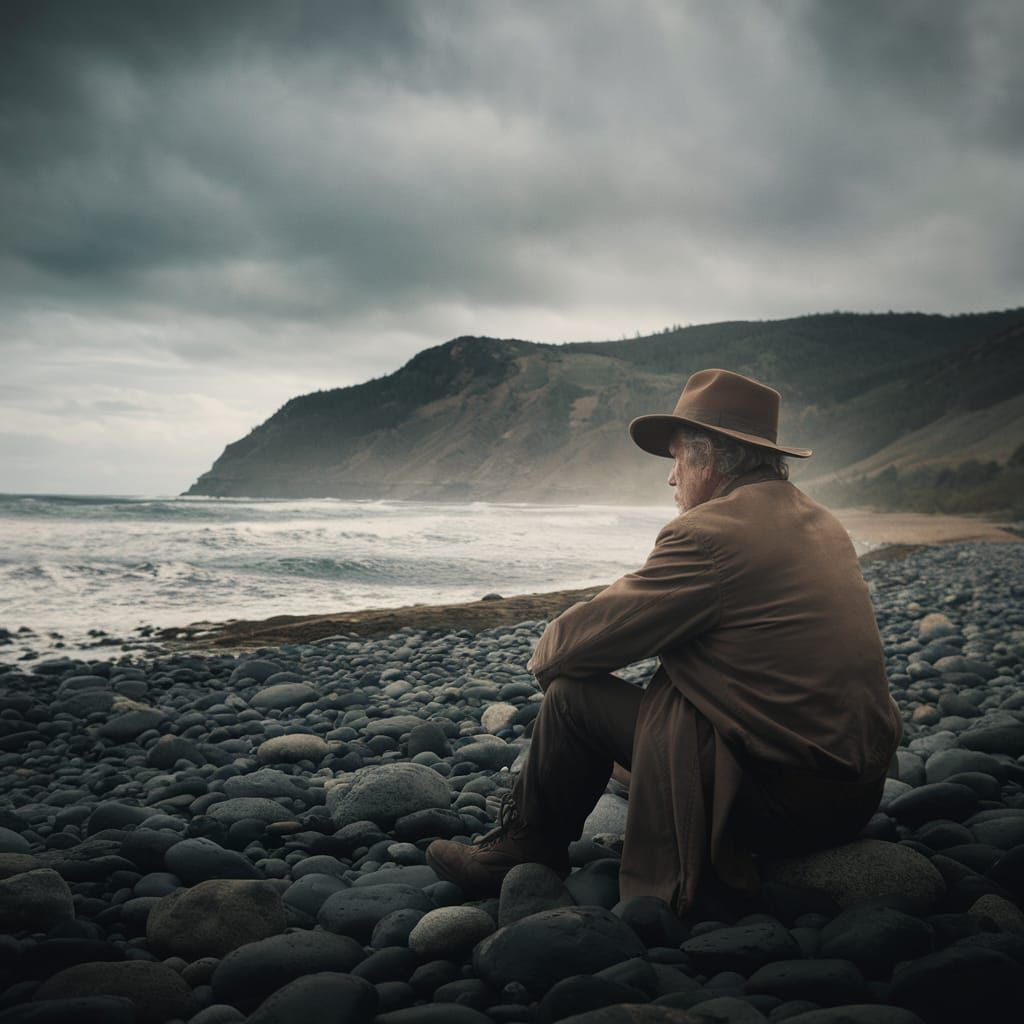 Geologist Contemplates Turbulent Sea: Cinematic Film Still