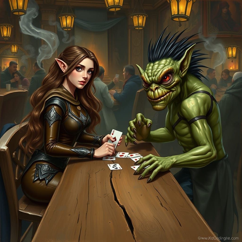 Fantasy Tavern Scene with Elegant Elf and Grotesque Goblin