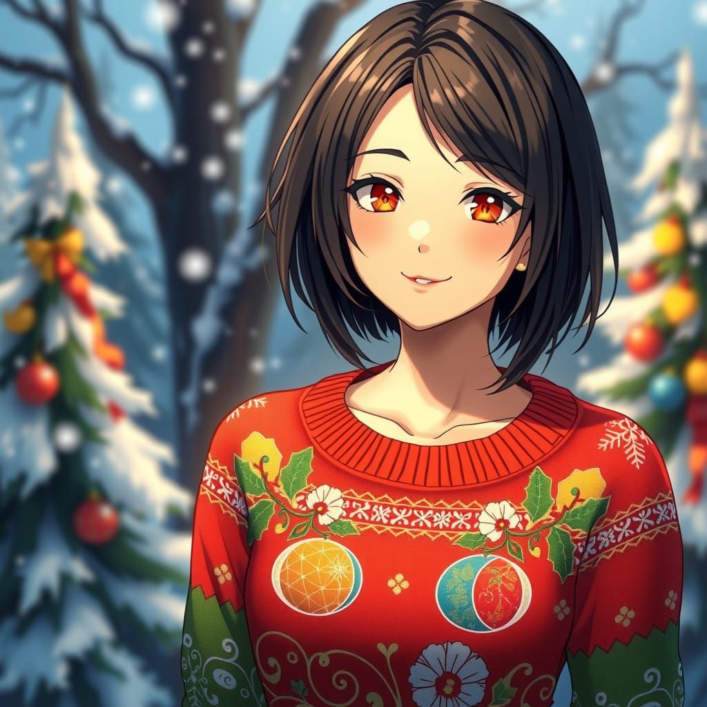 Anime Woman in Vibrant Christmas Sweater Dress in Winter Won...