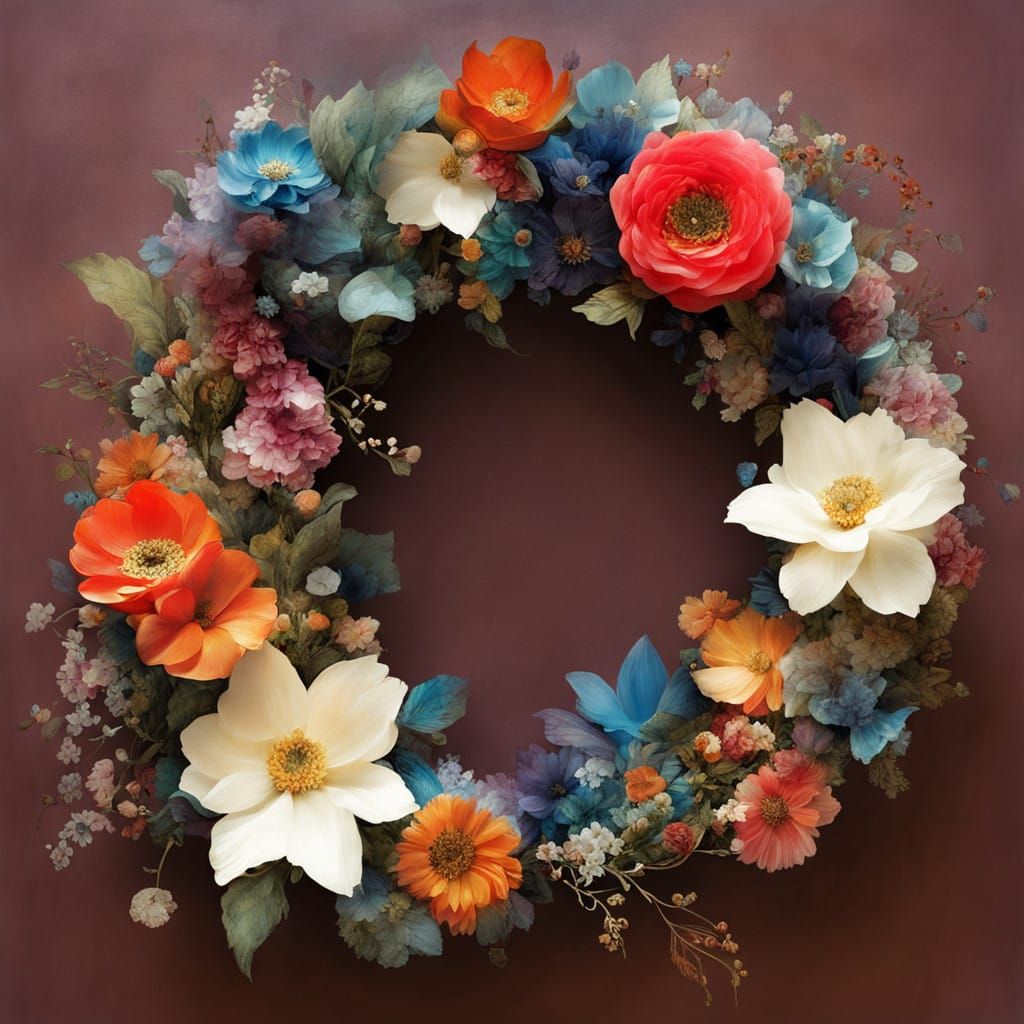 Whimsical Floral Wreath in Vibrant Triadic Colors
