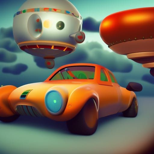 Flying Rococo Contraption in Retrofuturistic Style