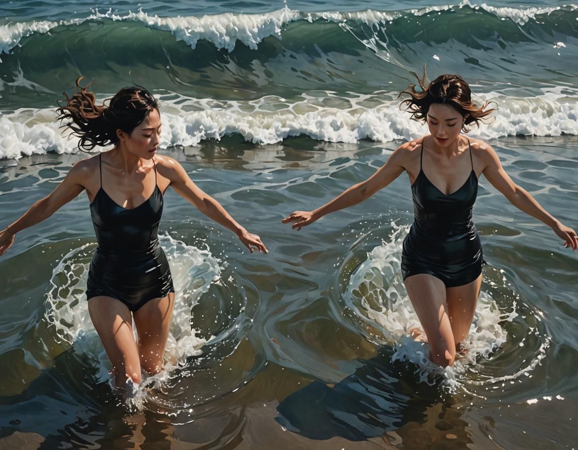 Diver Finds Self in Sea, Photorealistic Painting