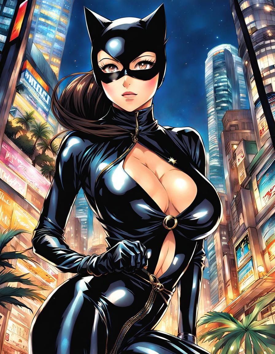 Anime Catwoman in Tropical Cityscape