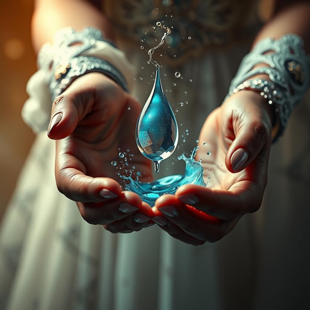 Crystal Raindrop Caught in Ethereal Hands in 8K