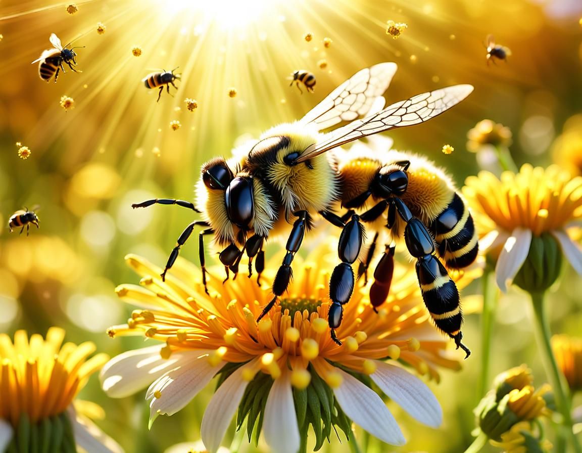 Bees Gathering Pollen: Hyper-Realistic Macro Photography