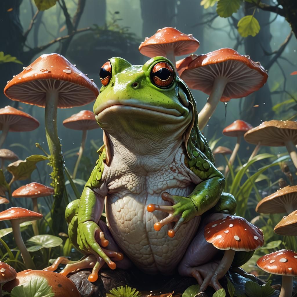 Frog with Mushroom Portrait in Hyperdetailed Style