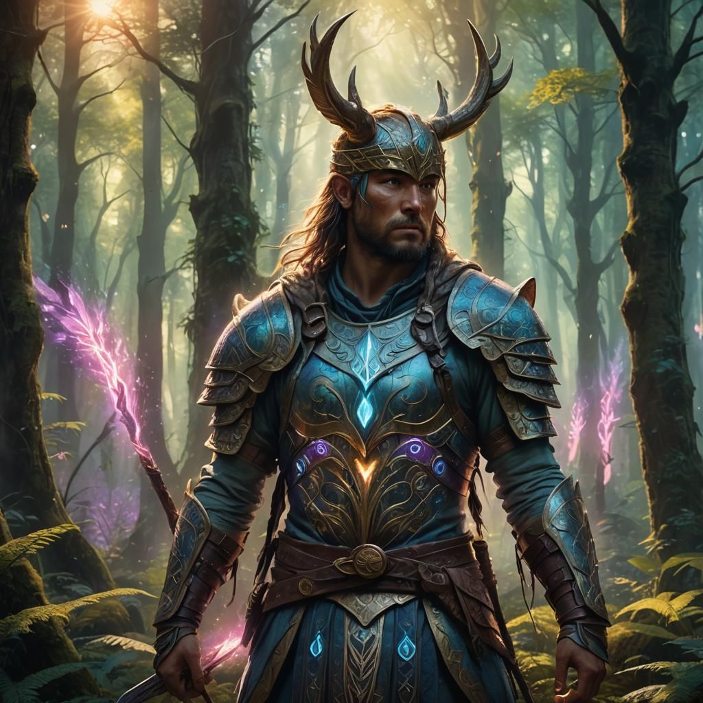 Mystical Warrior in Ancient Forest Concept Art