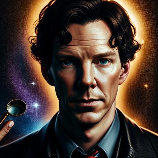 Sherlock Holmes Portrait with Magnifying Glass as Oil Painti...