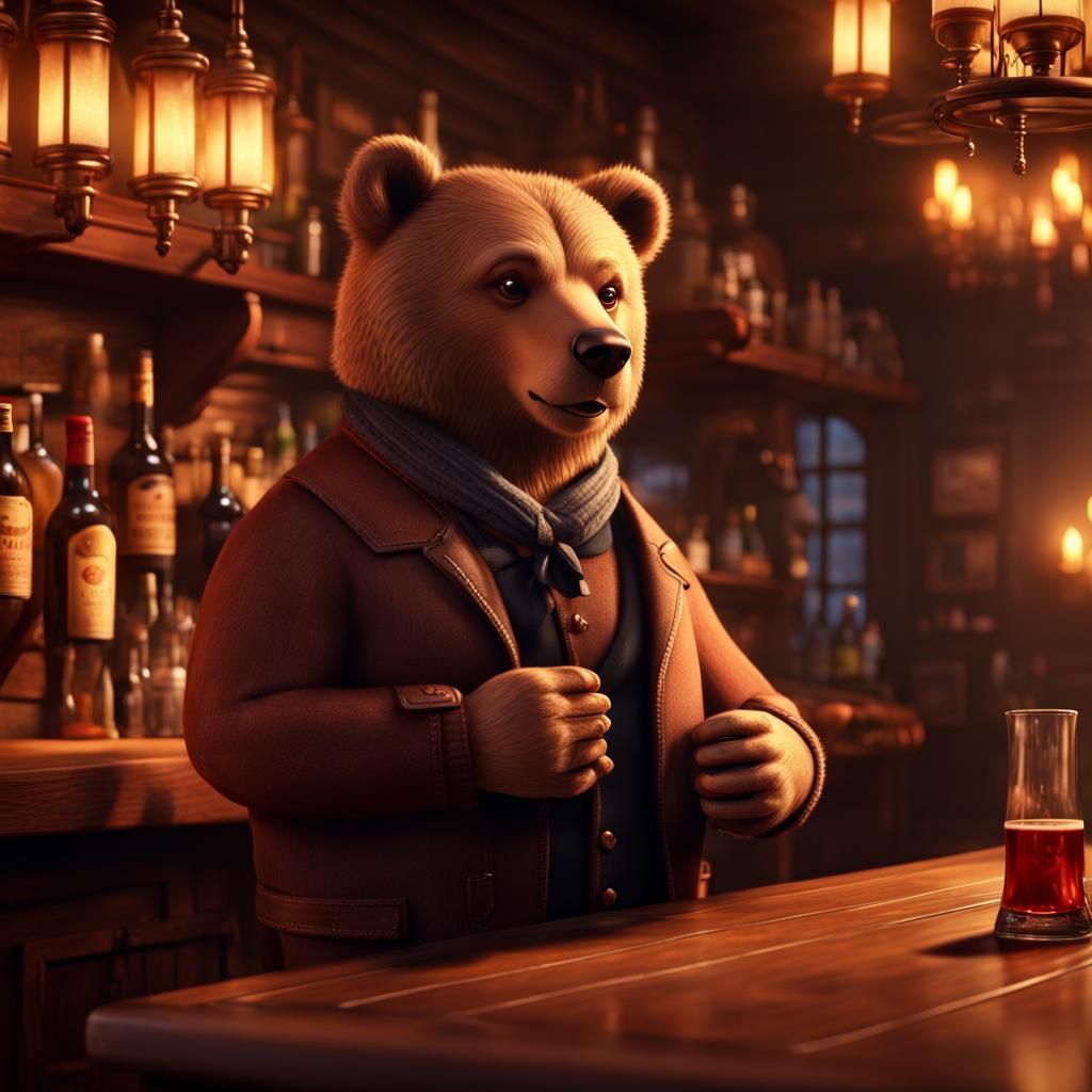 Cozy Bear Bartender in Warmly Lit Tavern