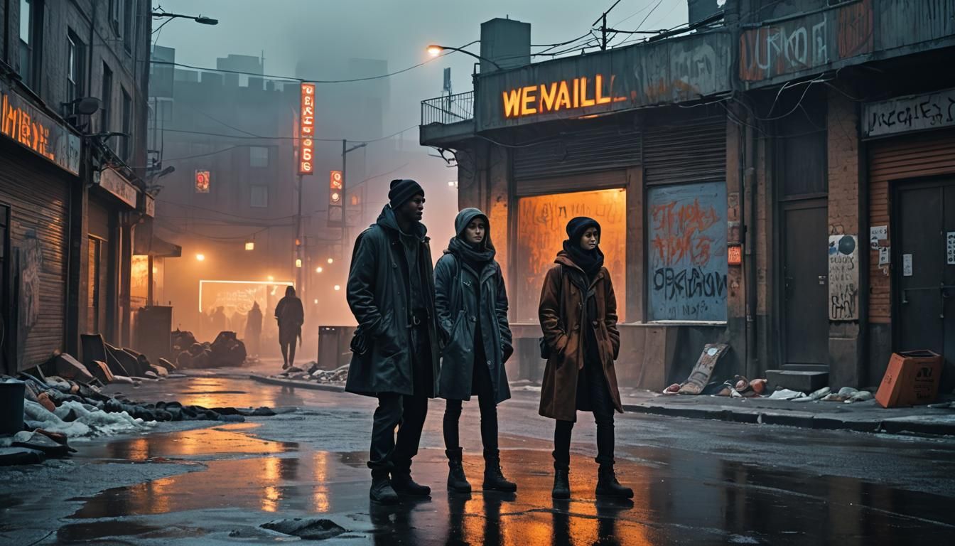 Dystopian Urban Landscape with Homeless Couple in Enki Bilal...