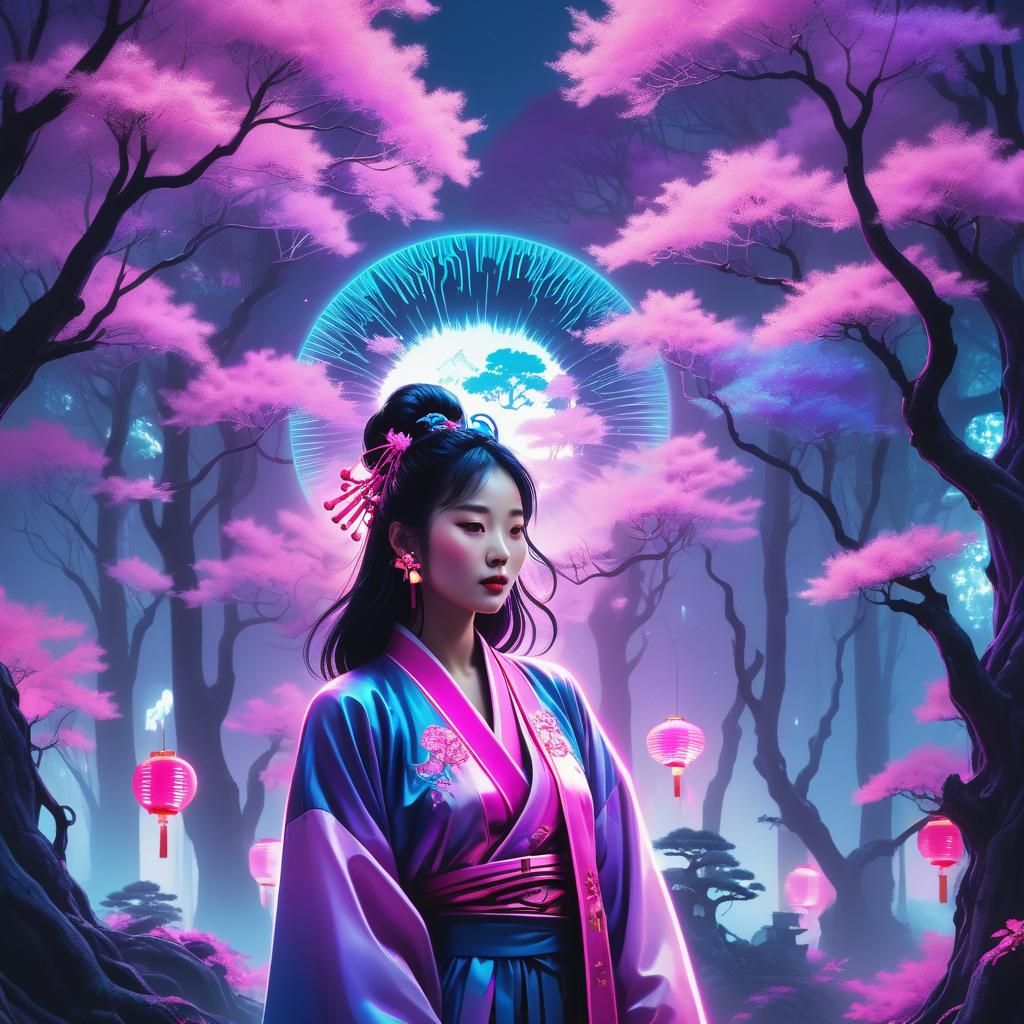 Magical Chinese Woman in Synthwave Neon Forest