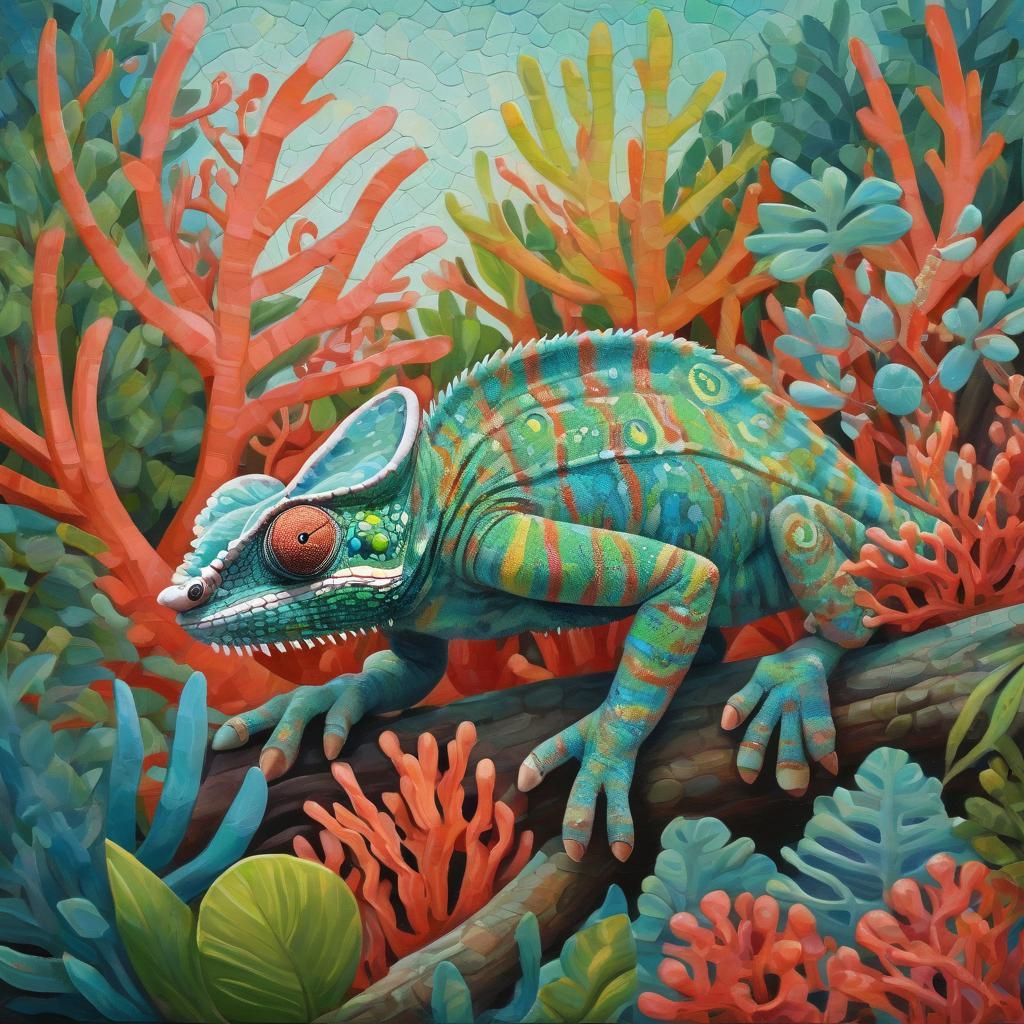 Chameleon in Coral Reef Painting in Naive Art Style
