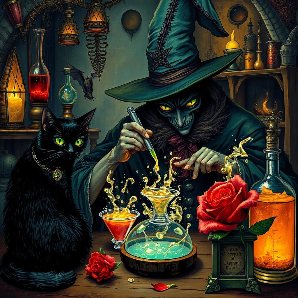 Magician Prepares Potions with Cat, Bat, and Rose
