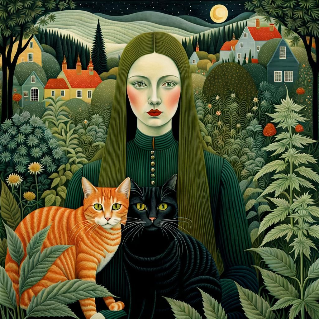 Surreal Collage: Woman, Cats, and Mystical Garden
